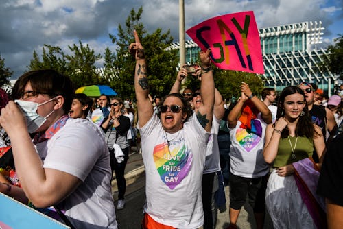 Members and supporters of the LGBTQ community attend the "Say Gay Anyway" rally in Miami Beach, Flor...