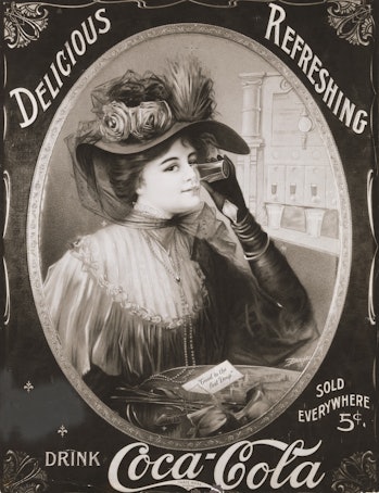 Coca Cola advertisement showing an illustrated seated woman drinking Coca Cola. Advertisement circa ...
