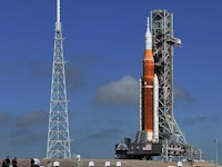 CAPE CANAVERAL, FLORIDA, UNITED STATES - MARCH 18: The SLS moon rocket topped by the Orion spacecraf...
