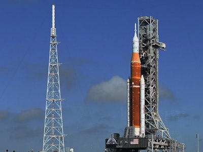 CAPE CANAVERAL, FLORIDA, UNITED STATES - MARCH 18: The SLS moon rocket topped by the Orion spacecraf...