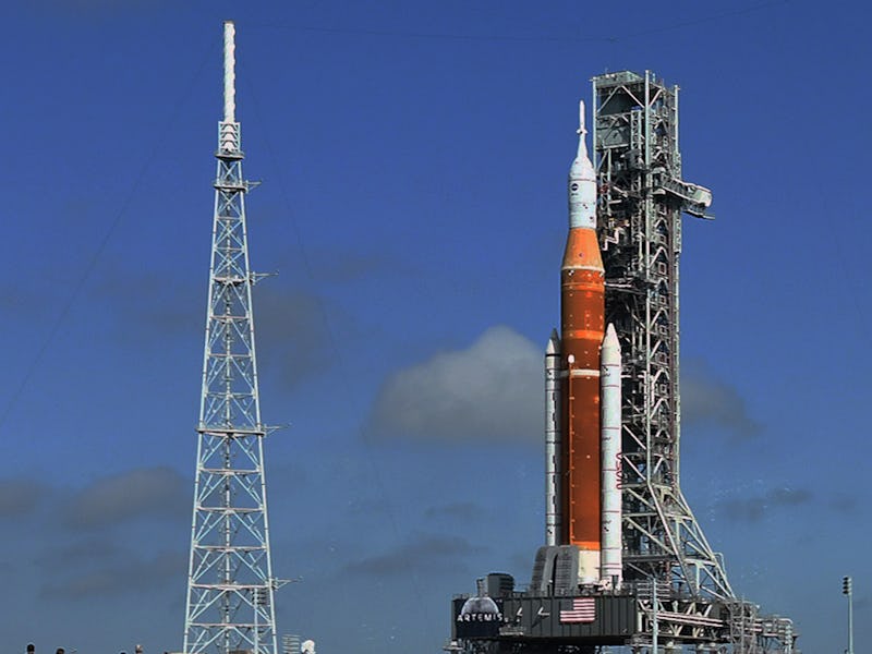 CAPE CANAVERAL, FLORIDA, UNITED STATES - MARCH 18: The SLS moon rocket topped by the Orion spacecraf...