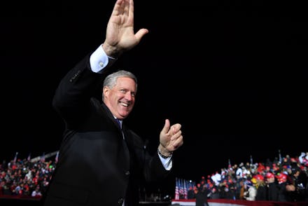 White House Chief of Staff Mark Meadows waving to supporters at Donald Trump's campaign rally