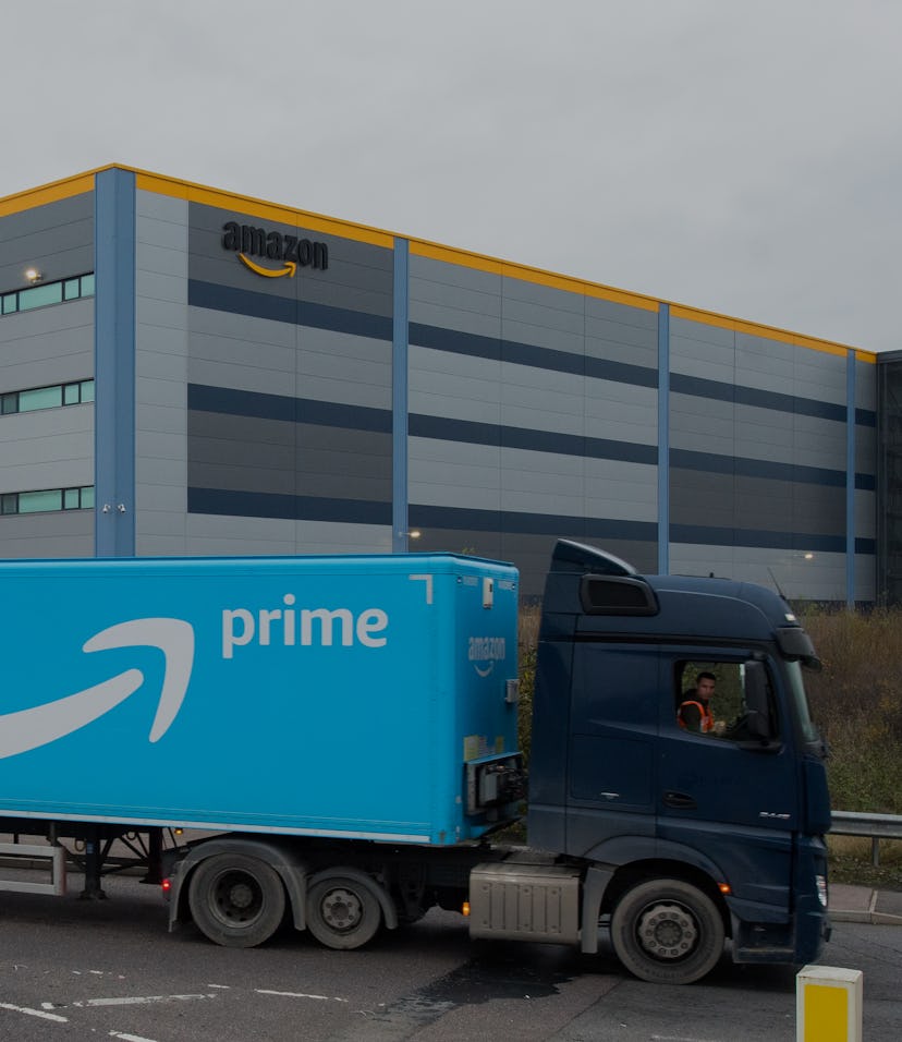 TILBURY, ENGLAND - DECEMBER 16: An amazon Prime HGV Lorry drives out of the Amazon Fulfilment Centr...