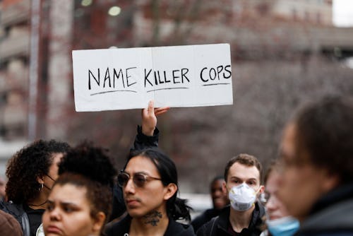 GRAND RAPIDS, MI - APRIL 13: Protesters demonstrate against the police shooting of Patrick Lyoya on ...