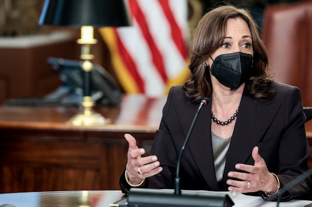 U.S. Vice President Kamala Harris delivers speaks before the start of a roundtable discussion on Bla...