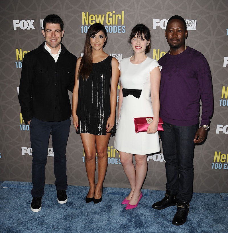 LOS ANGELES, CA - MARCH 02:  (L-R) Max Greenfield, Hannah Simone, Zooey Deschanel and Lamorne Morris...