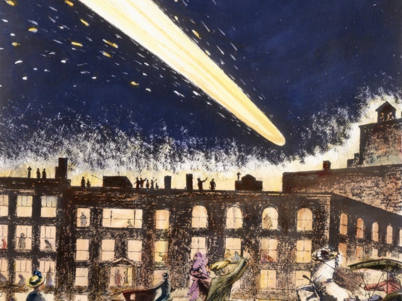 (Original Caption) Haley's Comet as seen in the city, in 1910. Drawing by Fodestrum.