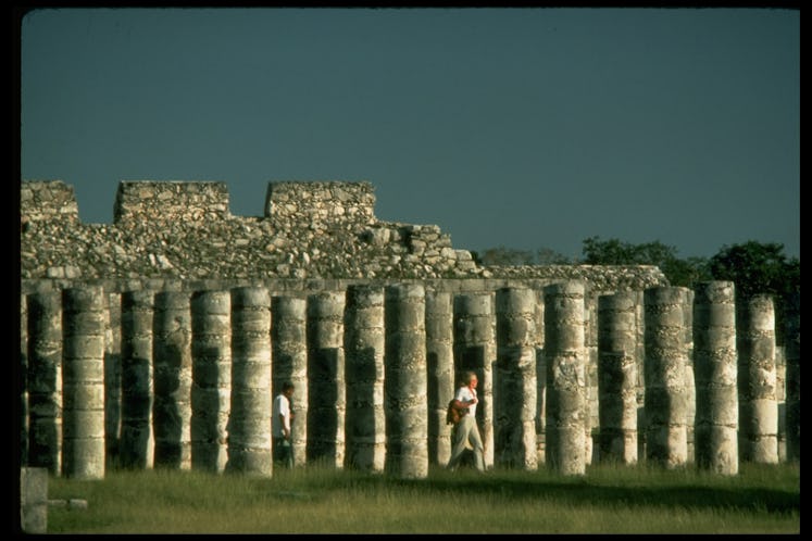 Stone pillars at Mayan ruins of Chichen Itza built by Mayans in 6th century.    (Photo by John Bryso...
