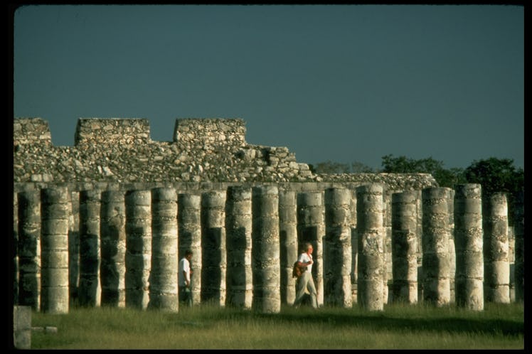 Stone pillars at Mayan ruins of Chichen Itza built by Mayans in 6th century.    (Photo by John Bryso...