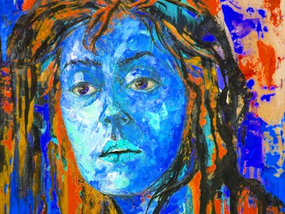 Artistic illustration modern work of art oil painting on canvas vertical portrait face of young beau...