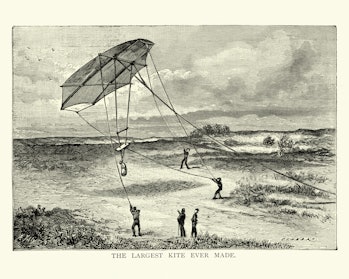 Vintage illustration of French inventor Maillot demonstrates that a kite can be made which will lift...