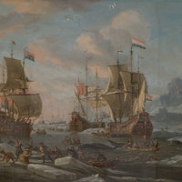 The Dutch Whaling Fleet, 1690/1700. Sailors harpooning whales and attacking polar bears. Artist Abra...