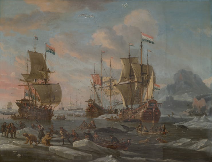 The Dutch Whaling Fleet, 1690/1700. Sailors harpooning whales and attacking polar bears. Artist Abra...