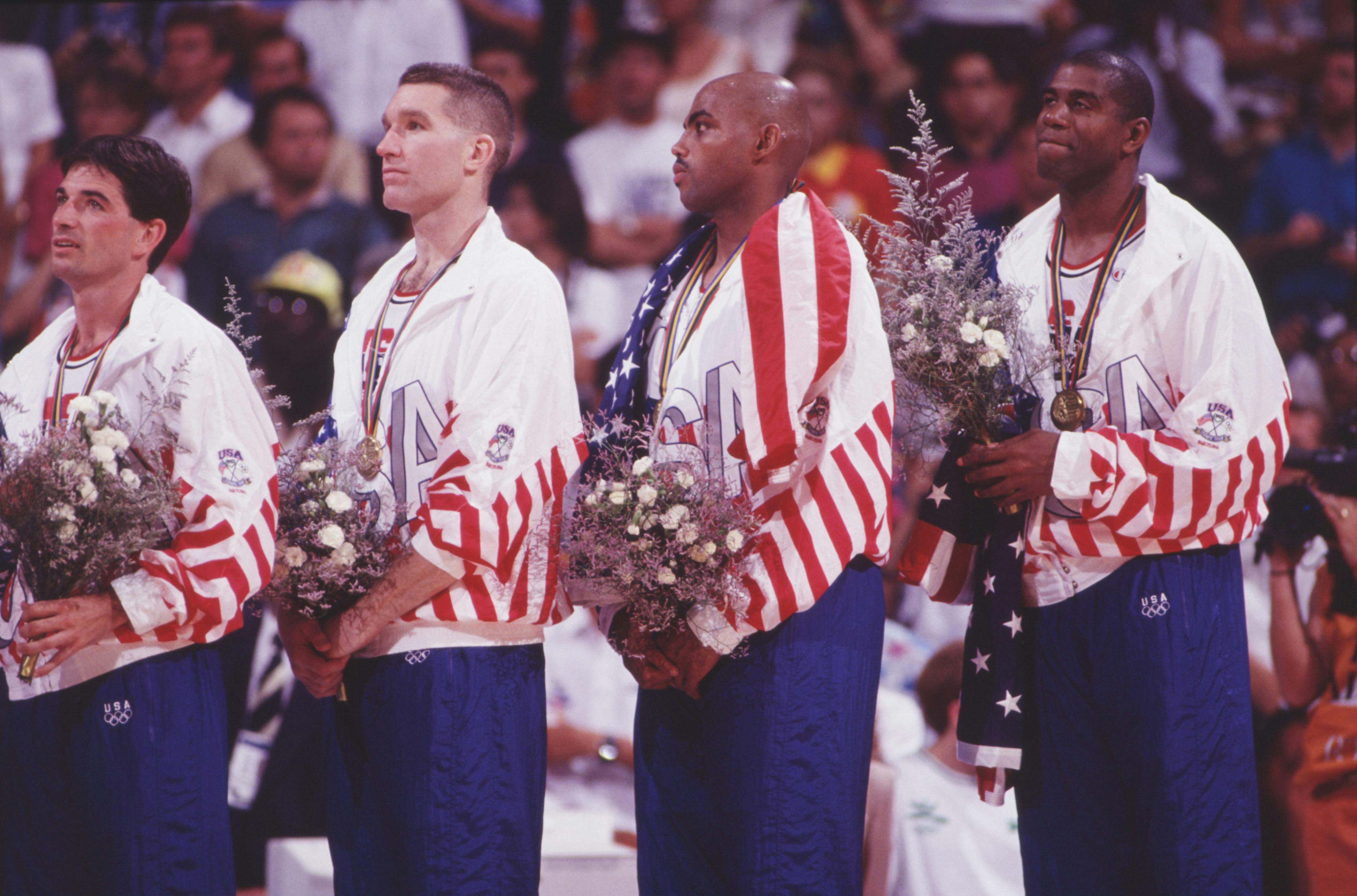 8 Aug 1992:  John Stockton, Chris Mullen, Charles Barkley and Magic Johnson of the USA during the me&hellip;