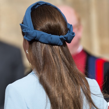 The Duchess of Cambridge wears a Jane Taylor headband and an Emilia Wickstead coat dress for Easter ...