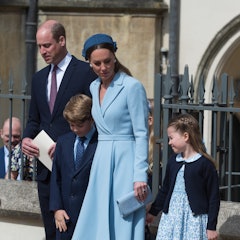 The Duchess of Cambridge wears an Emilia Wickstead coat dress for Easter 2022 as she poses with her ...