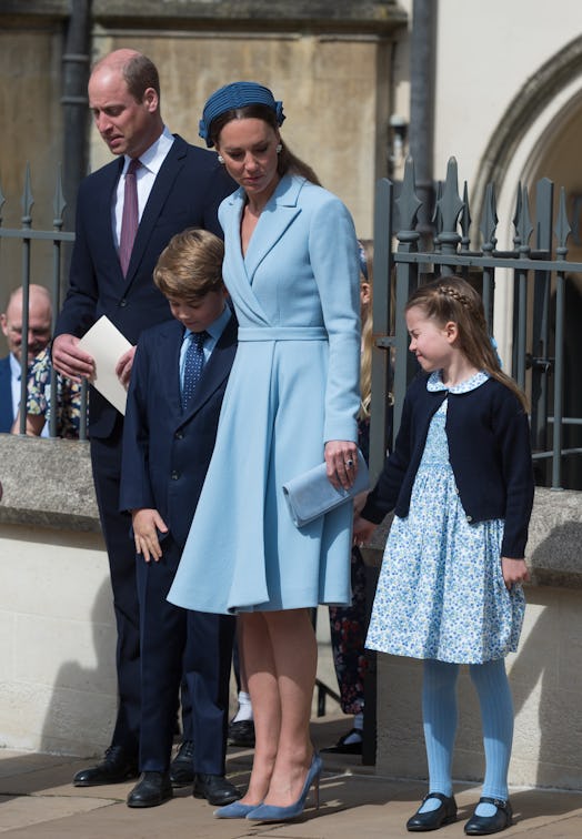 Kate Middleton, Prince Williams, Princess Charlotte, and Prince George match in blue for Easter Sund...