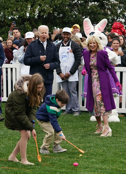 US President Joe Biden and First Lady Jill Biden watch the annual White House Easter Egg Roll on the...
