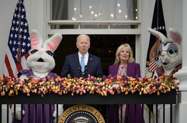 WASHINGTON, DC - APRIL 18: U.S. President Joe Biden, joined by First Lady Jill Biden, delivers remar...