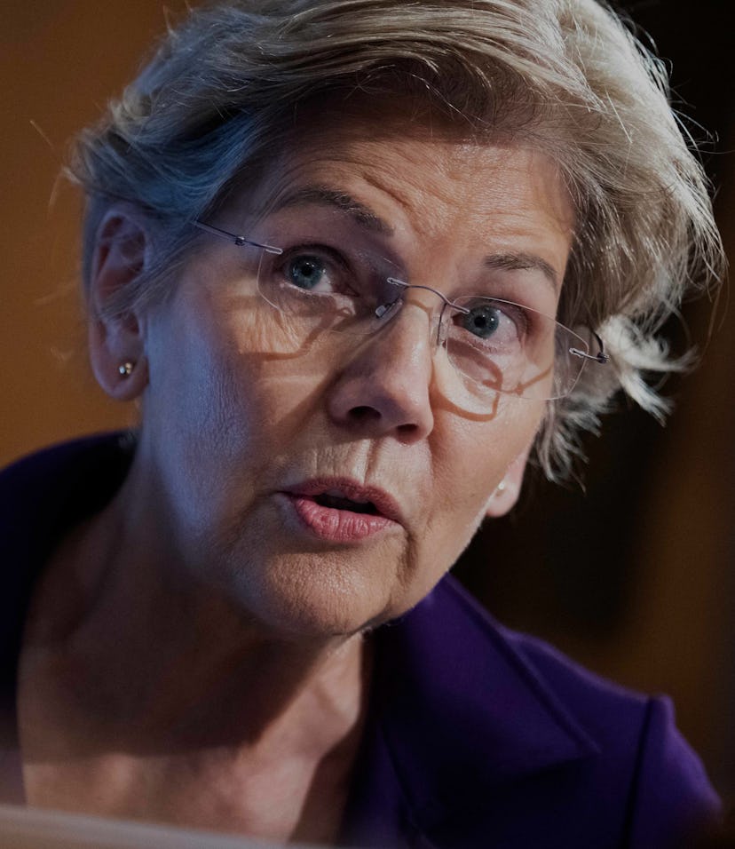 US Senator Elizabeth Warren speaks as Federal Reserve Chairman, Jerome Powell, testifies before the ...