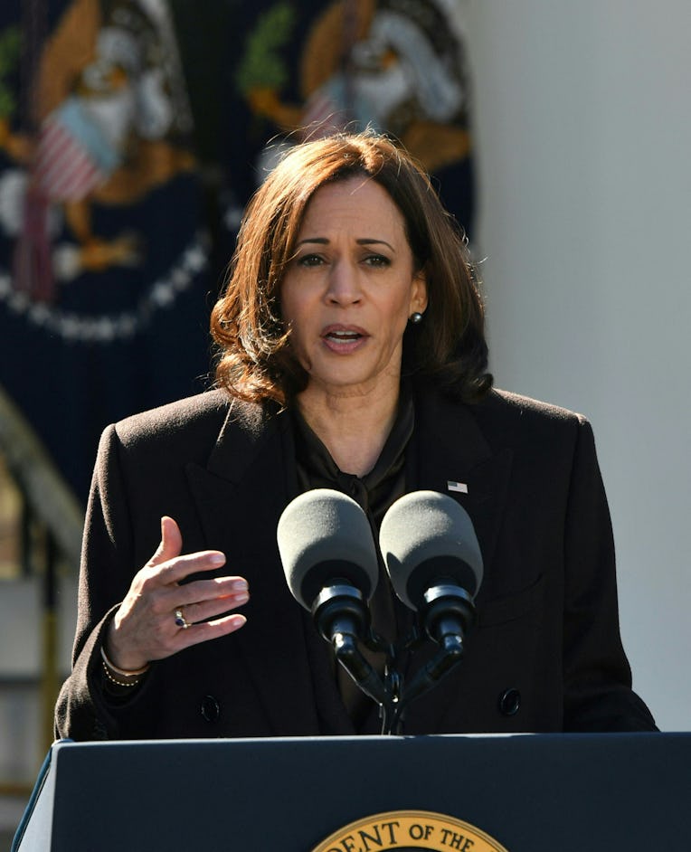 US Vice President Kamala Harris speaks after President Joe Biden signed the Emmett Till Anti-lynchin...