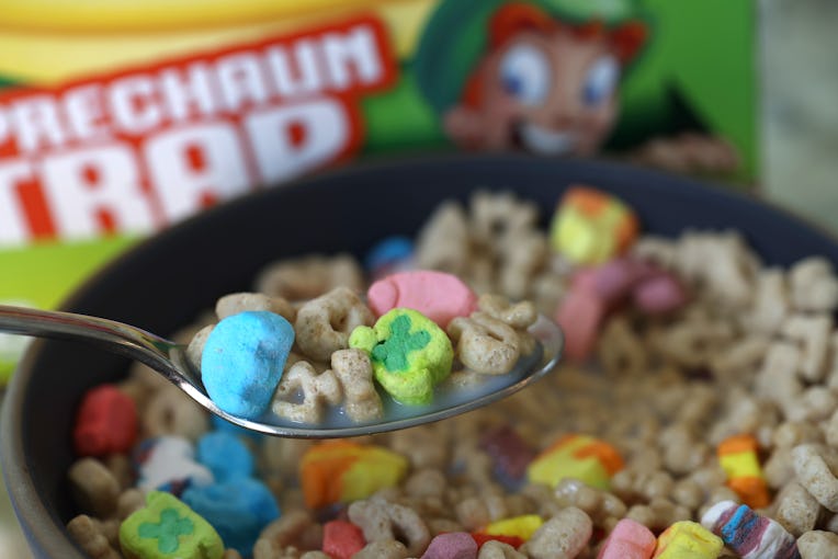 SAN ANSELMO, CALIFORNIA - APRIL 18: In this photo illustration, a bowl of General Mills Lucky Charms...