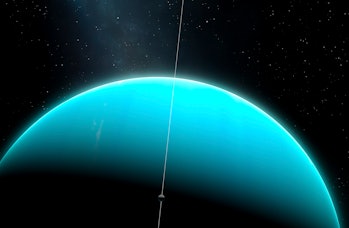 An impression of the green ice giant planet, Uranus, with one of its moons, Miranda. Uranus is the s...