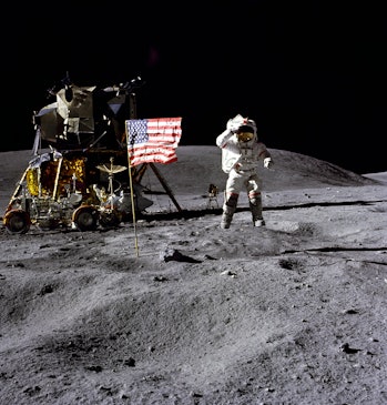Apollo 16 - NASA, 1972. Astronaut John W. Young, commander of the Apollo 16 lunar landing mission, l...