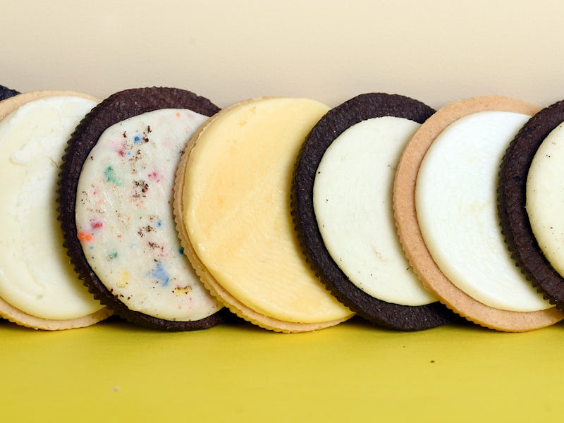 (Boston, MA 04/29/15) Studio shot shows the filling of several varieties of Oreo cookies (LTOR) Meg...