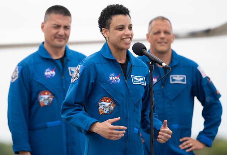 CAPE CANAVERAL, FL - APRIL 18: In this NASA handout, NASA astronaut Jessica Watkins speaks to member...