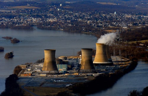 Middletown, PA - MARCH 19: Aerial view (with Middletown PA in background)of the Three Mile Island nu...