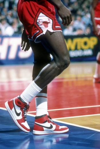 LANDOVER, MD - CIRCA 1985: A detailed view of the Nike Air Jordan's 1's worn by Michael Jordan #23 o...