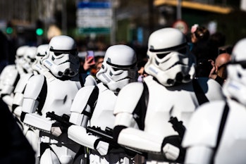 MADRID, SPAIN - 2021/05/25: People dressed as members of the 501st Legion marching during a Star War...