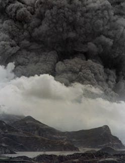 A lake of volcanic mudflow lies trapped at the slopes of Mount Pinatubo on June 28, 1991 as the volc...