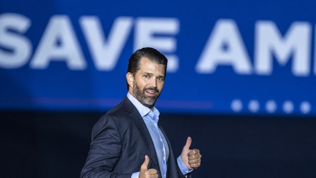 CONROE, TX, USA - JAN 29: Donald Trump Jr leaves the stage and gestures to the crowd at a rally for ...