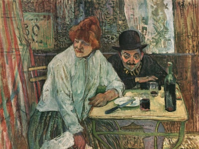 At the Café La Mie', circa 1891, (1952). Man and woman drinking at a table, based on a staged photog...