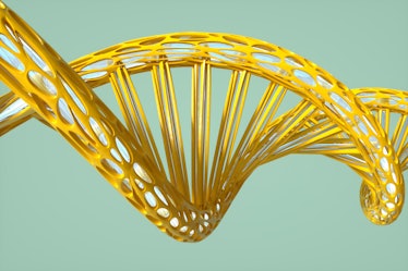 Digital generated image of futuristic organic shaped DNA structure made out of semi transparent yell...