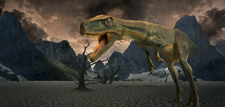 A dinosaur shows its sharp teeth.