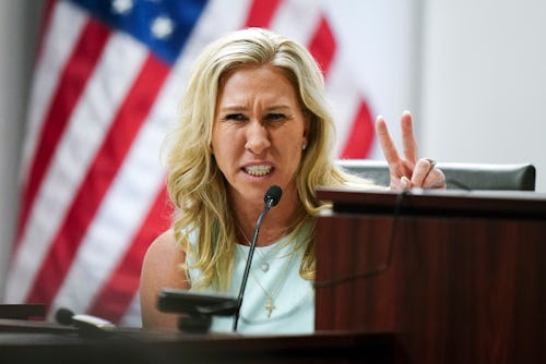 ATLANTA, GEORGIA - APRIL 22:  U.S. Rep. Marjorie Taylor Greene speaks during a court hearing on Apri...