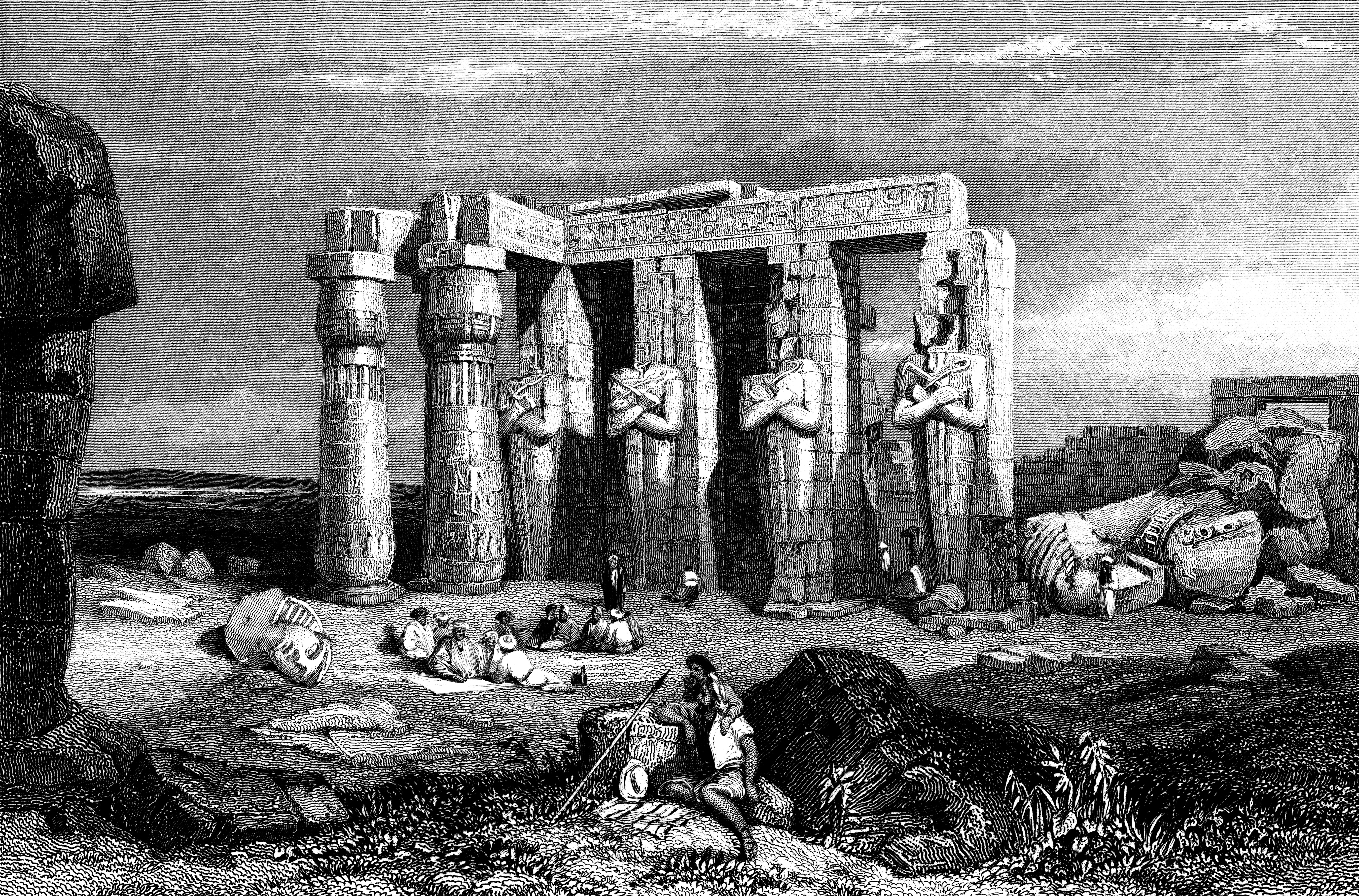 The fallen Ozymandias Colossus at the Ramesseum in Luxor, Egypt, drawing by Clarkson Frederick Stanf...