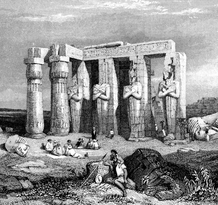 The fallen Ozymandias Colossus at the Ramesseum in Luxor, Egypt, drawing by Clarkson Frederick Stanf...