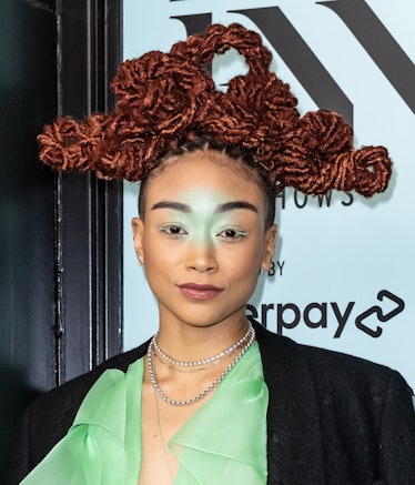 Actress Tati Gabrielle is seen wearing all-over eyeshadow arriving to The Prabal Gurung Show during ...