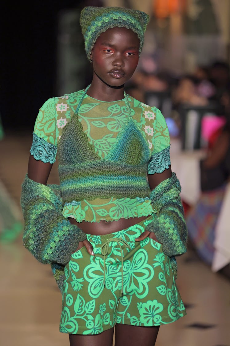 NEW YORK, NEW YORK - SEPTEMBER 11: A model walks the runway at the Anna Sui Spring Summer 2022 fashi...