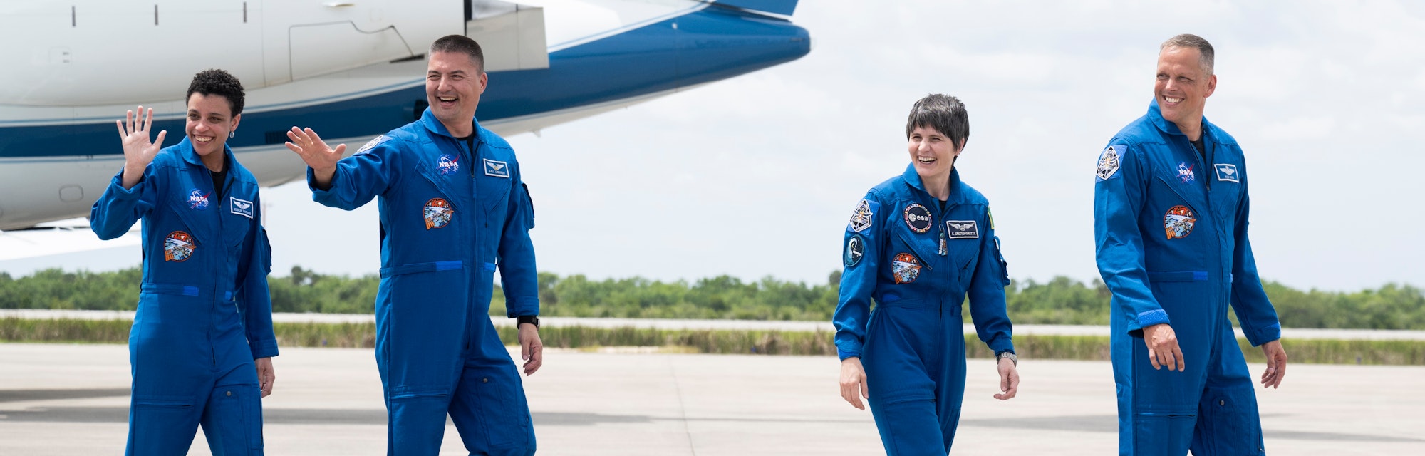 CAPE CANAVERAL, FL - APRIL 18: In this NASA handout, NASA astronauts Jessica Watkins, left, Kjell Li...