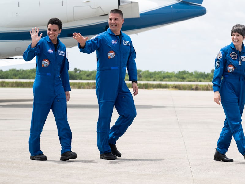 CAPE CANAVERAL, FL - APRIL 18: In this NASA handout, NASA astronauts Jessica Watkins, left, Kjell Li...