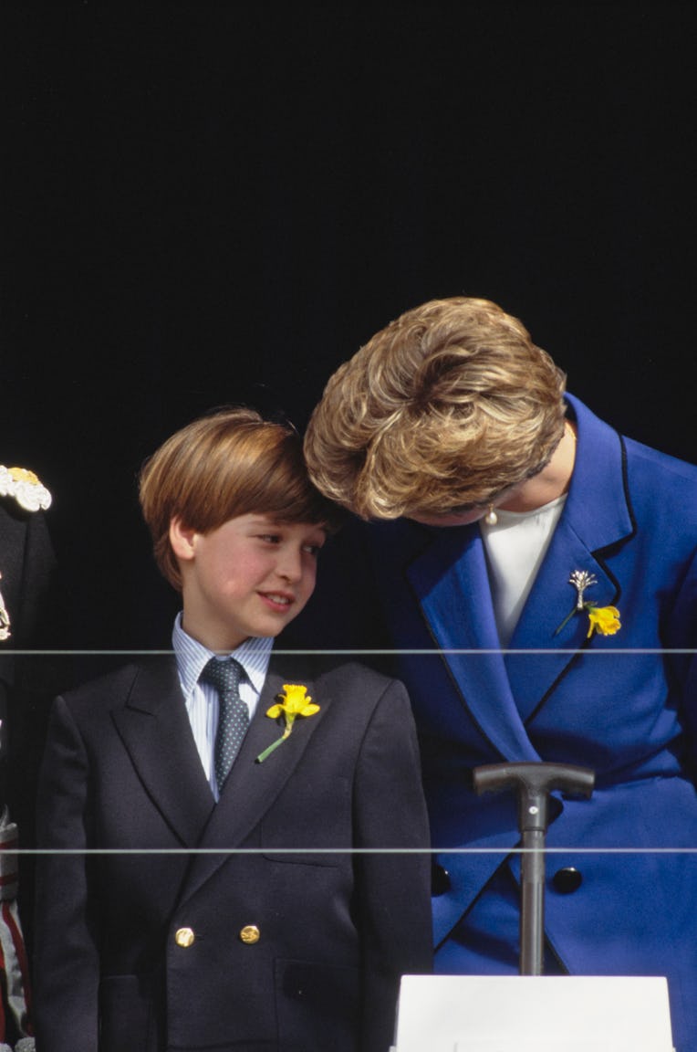 British Royals Prince William and his mother, Diana, Princess of Wales (1961-1997), wearing a blue s...