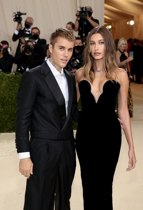 Justin Bieber and Hailey Bieber attend The 2021 Met Gala in matching black outfits
