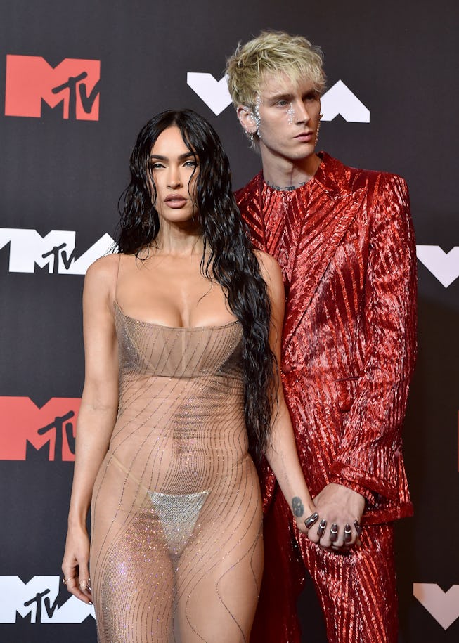 NEW YORK, NEW YORK - SEPTEMBER 12: Megan Fox and Machine Gun Kelly attend the 2021 MTV Video Music A...