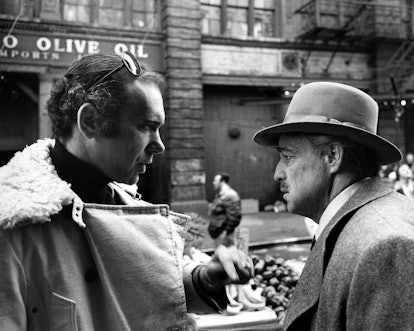 Producer Albert S. Ruddy (left) and actor Marlon Brando (1924 - 2004) on the set of 'The Godfather',...