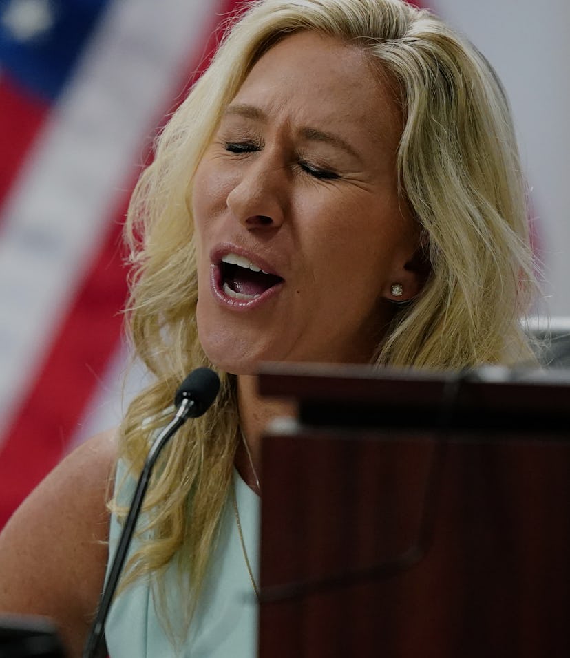 ATLANTA, GEORGIA - APRIL 22: U.S. Rep. Marjorie Taylor Greene speaks during a court hearing on Apri...